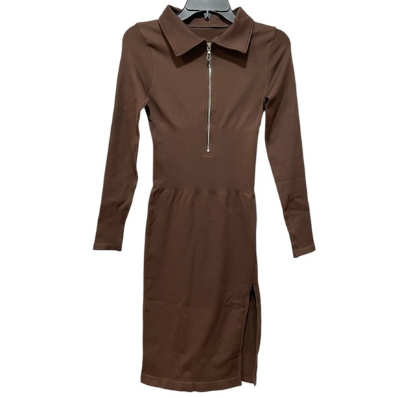 Elegant Brown, Quarter Zip, Ribbed, Body-con Dress - Size Medium - Picture 2 of 5